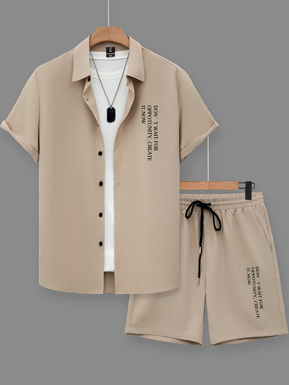 Herr Set med Kortärmad Skjorta och Shorts – Modern och Avslappnad Look med Inspirerande Text
