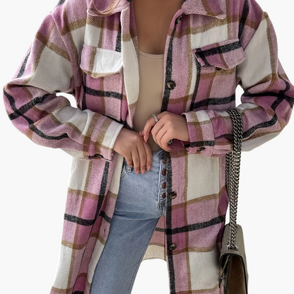Dam Skjortjacka Lång Oversize Rutig Casual Vår/Höst