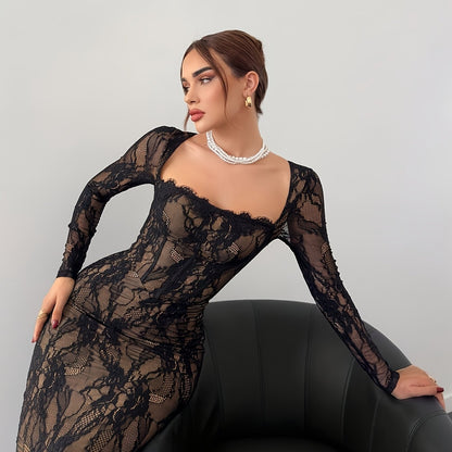 Dam Klänning Elegant Bodycon Långarmad Festklänning med Spetsdetaljer