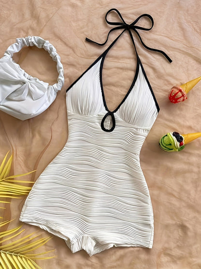 Dam Baddräkt med Halterneck och Vågmönster – Elegant Vintage Stil för Strand och Pool