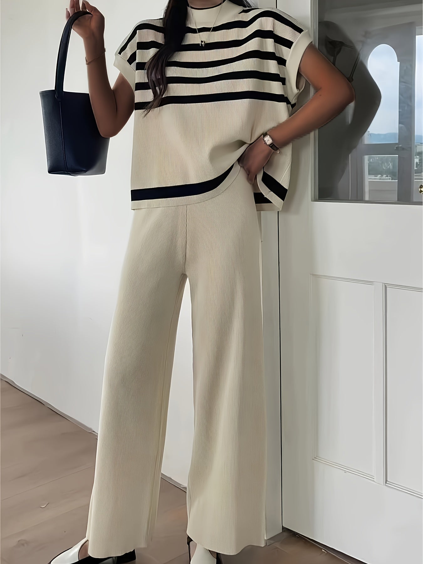 Dam Set Elegant Randig Topp och Vida Byxor för Vår/Sommar - Avslappnad Chic Outfit