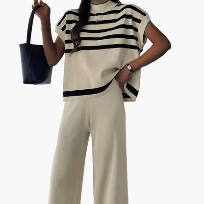 Dam Set Elegant Randig Topp och Vida Byxor för Vår/Sommar - Avslappnad Chic Outfit