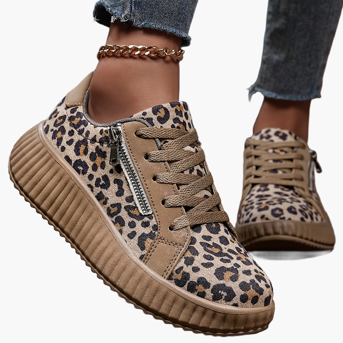 Damsneakers med leopardmönster och platåsula – Trendiga vardagsskor