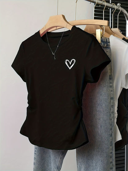Dam T-shirt med hjärtmotiv och smickrande passform – Trendigt vardagsplagg