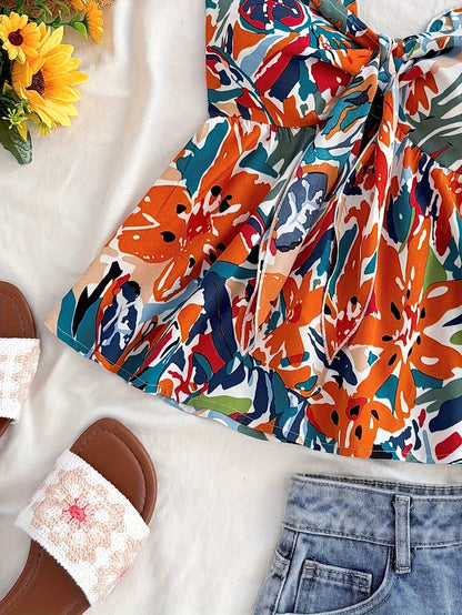 Dam Bandeau Knuten Kort Top – Somrig Blommig Design för Semester & Strand