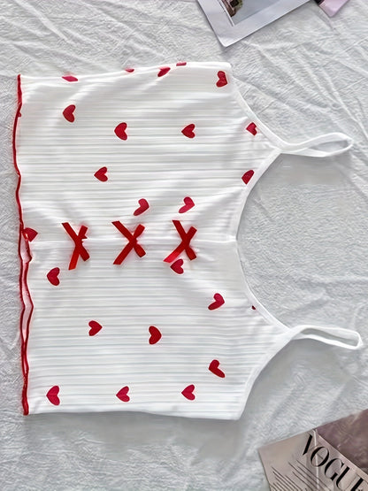 Dam Pyjamaset med hjärtmönster och rosett, sommar, tvådelad kort topp och shorts, söt och bekväm nattdräkt
