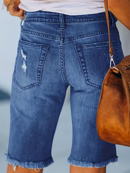 Dam Bermuda Shorts med Ripped Detaljer och Fransad Kant – Trendiga Jeansshorts för Sommar och Vardag