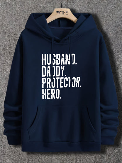 Herr Hoodie med Text – Husband Daddy Protector Hero – Casual Stil för Fars Dag och Familjeaktiviteter
