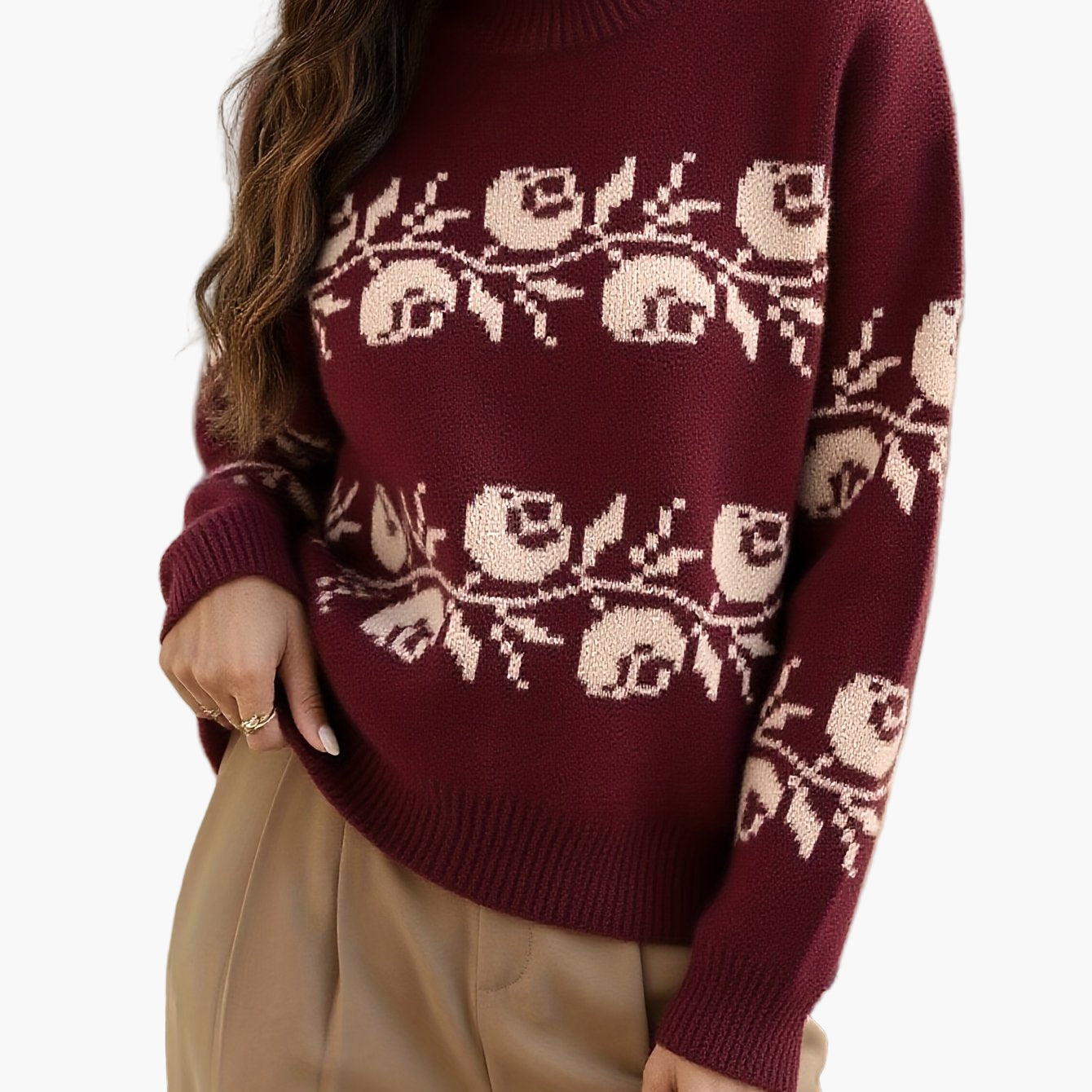 Damtröja Elegant Blommig Jacquard Stickad Pullover för Höst/Vinter