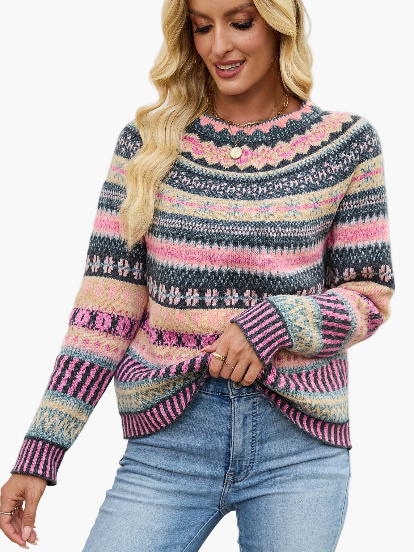Dam Tröja Elegant Mönstrad Stickad Pullover för Höst och Vinter