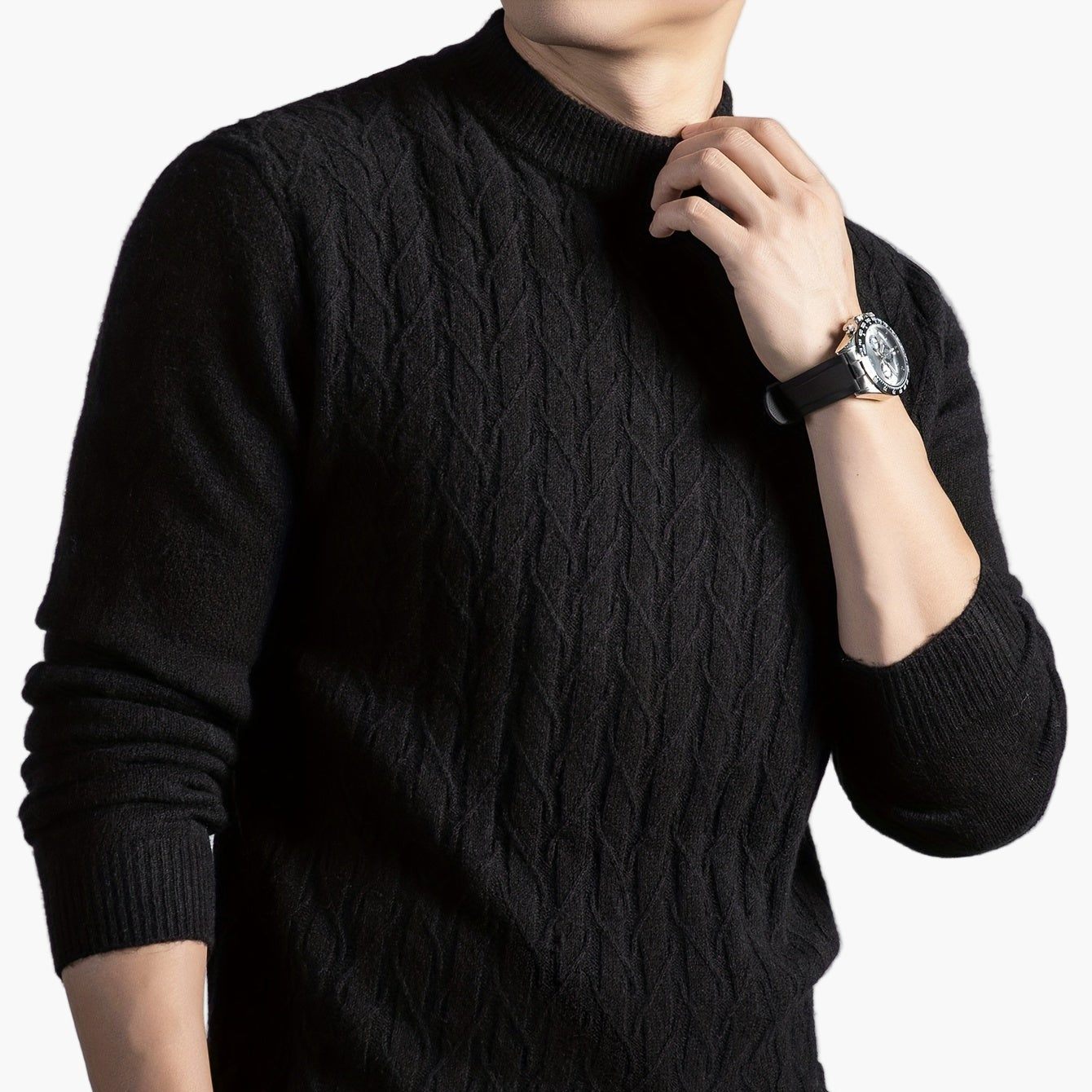 Herrtröja med kabelstickad design – Elegant vardagsstil, lång ärm, höst/vinter