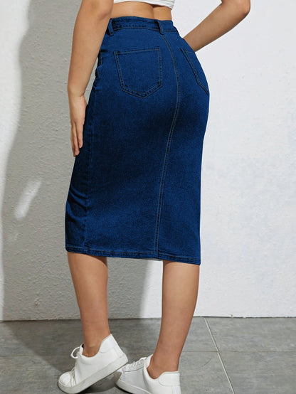 Dam Kjol Midi Slits Casual Denim Look Perfekt för Vardag och Sommar