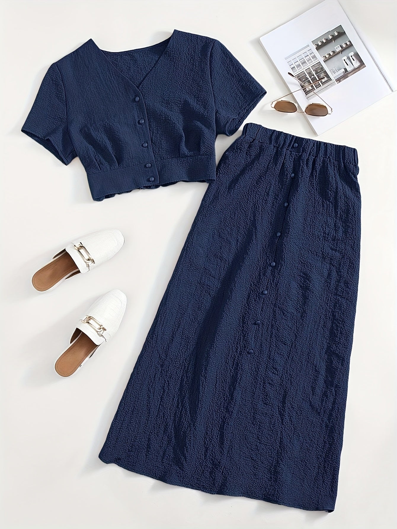 Dam Set Tvådelad Kjol och Kortärmad Crop Top Elegant Vår Sommar