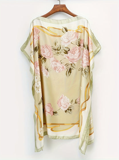 Dam Poncho Kaftan Boho Asymmetrisk Strandtunika med Blommönster