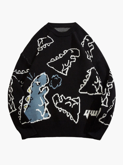 Herrtröja med tecknad dinosauriedesign, avslappnad streetwear för höst och vinter