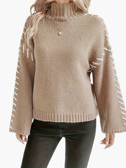 Damstickad tröja med hög hals och dekorativa sömmar – Elegant höst- och vintermode