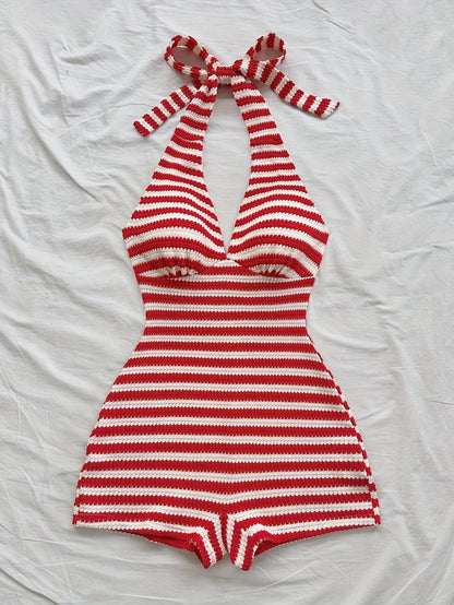 Dam Randig Halterneck Playsuit Retro Sommarstil