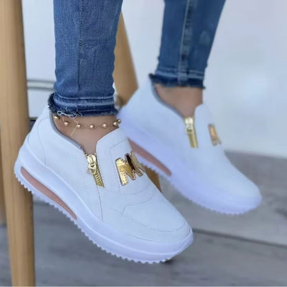 Sportiga Kvinnosneakers med Platåsula och Guldfärgade Dragkedjor – Sommar