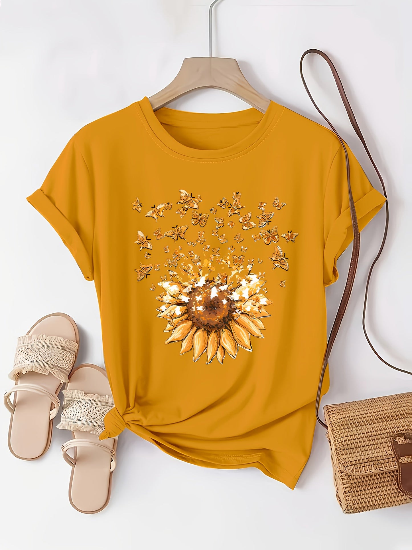 Dam T-shirt med solros och fjärilar, avslappnad stil, vår/sommar