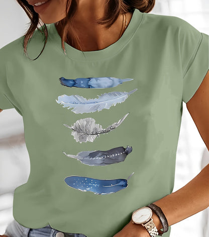Dam T-shirt med konstnärliga fjädermotiv – avslappnad vardagsstil