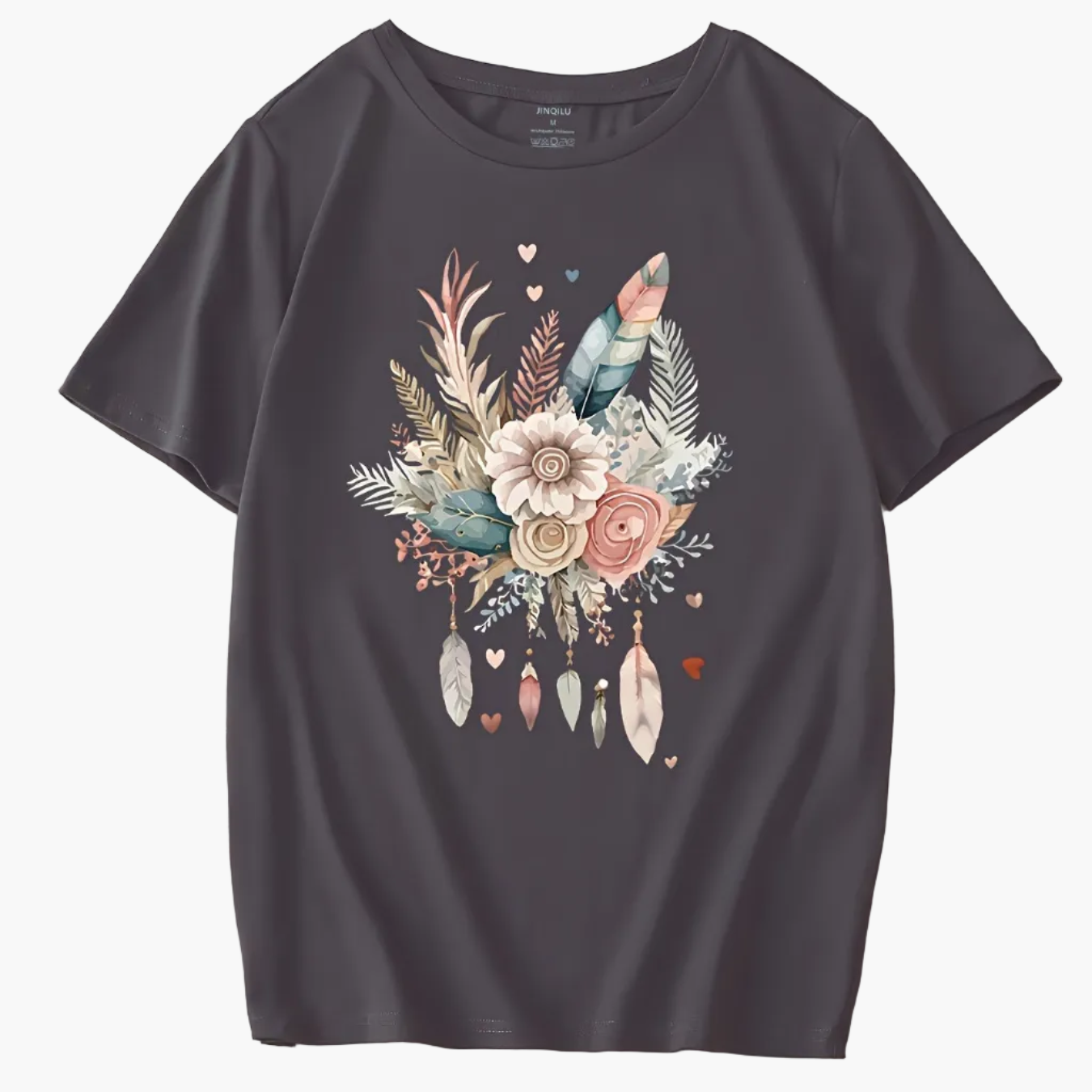 Dam T-shirt med blommigt och fjädertryck, avslappnad stil, perfekt för vardagsbruk
