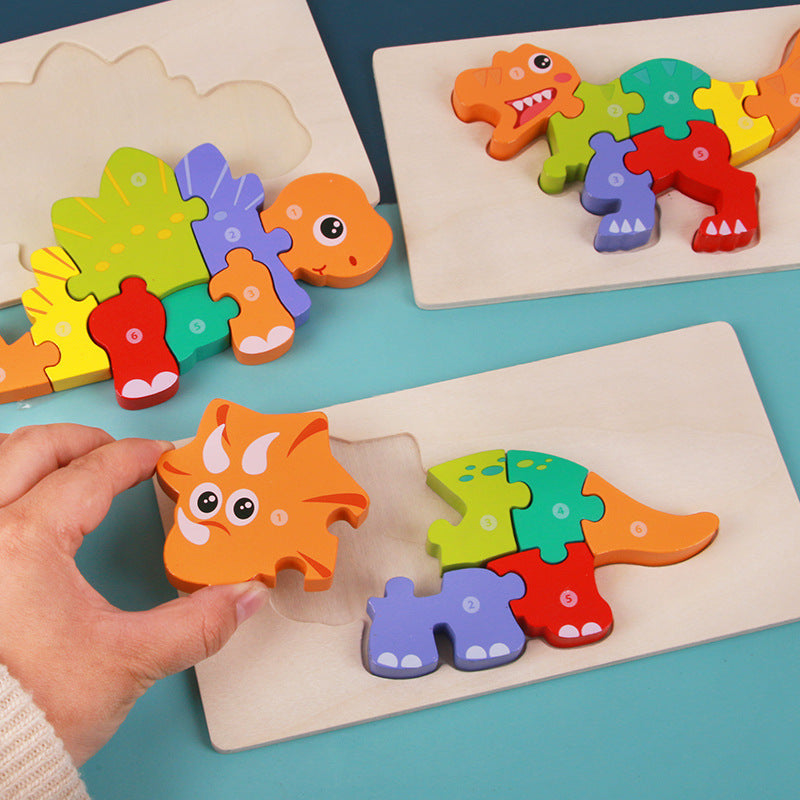 Barnens pedagogiska dinosauriepussel i trä – 3D-leksak för utveckling och lek
