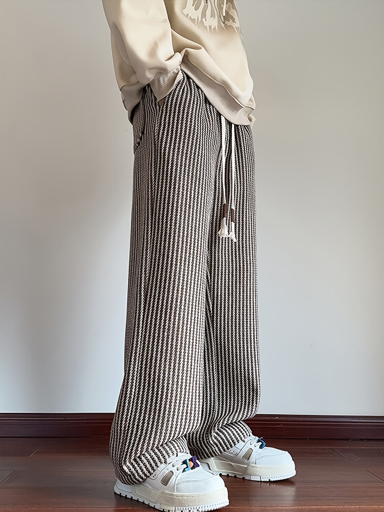 Herr Byxor Rak Benvidd Mönstrade Stickade Streetwear Casual
