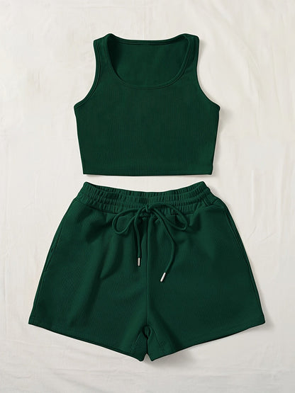 Dam Lounge Set – Ribbat Crop Top och Shorts för Vardagsbruk och Fritid