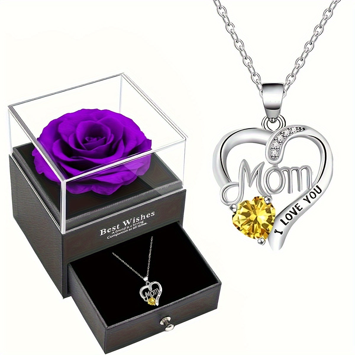 Smyckeset för Dam – Halsband med Hjärtformat 'Mom I Love You'-Hänge och Evighetsros i Presentask – Perfekt Gåva till Mamma