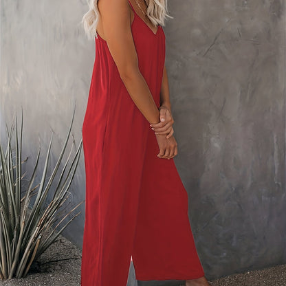 Dam Jumpsuit med Spaghettiband och Fickor – Avslappnad och Trendig Sommarstil