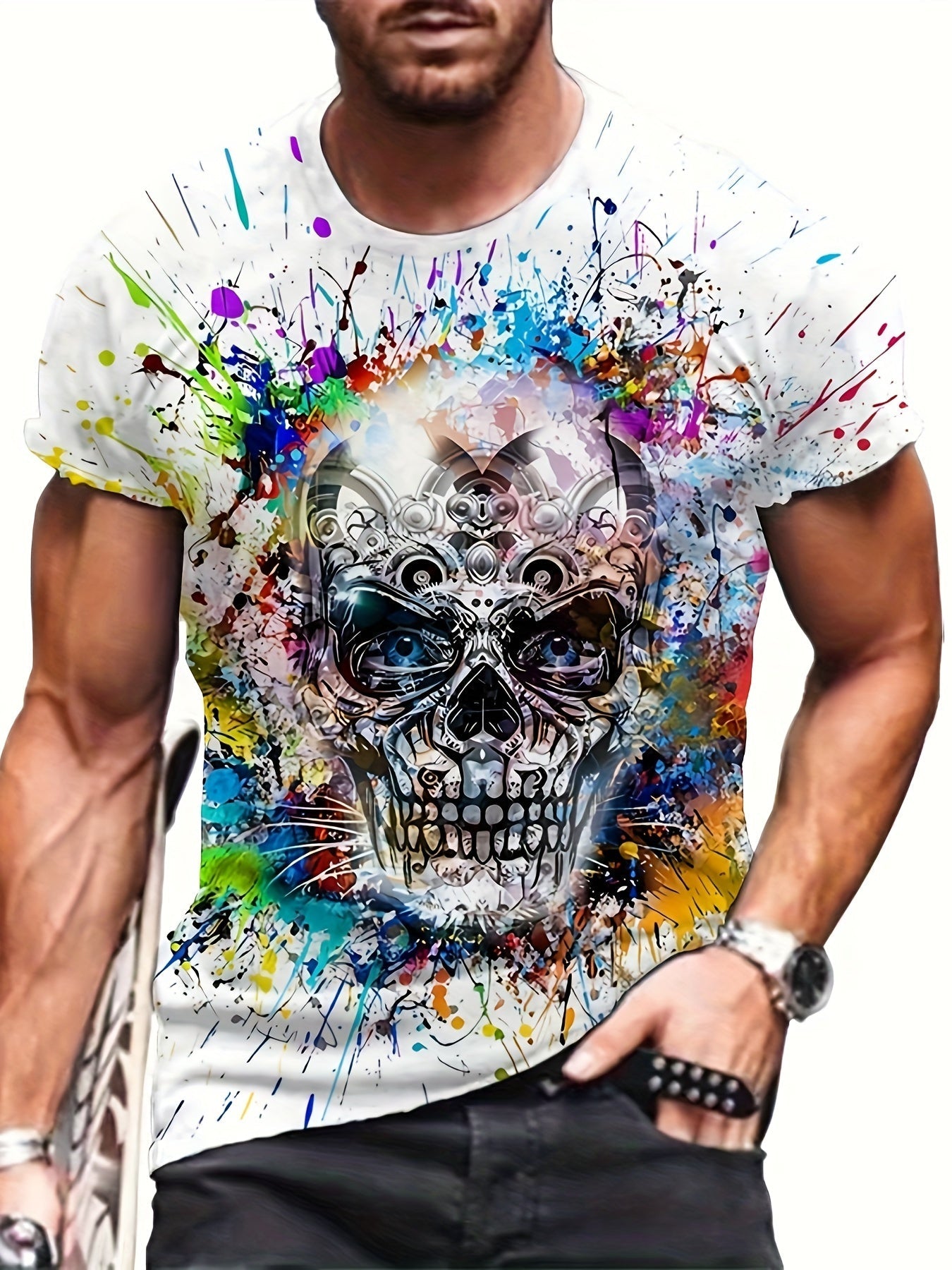 Herr T-shirt med färgstarkt dödskalletryck, streetwear-stil, kortärmad, plus size