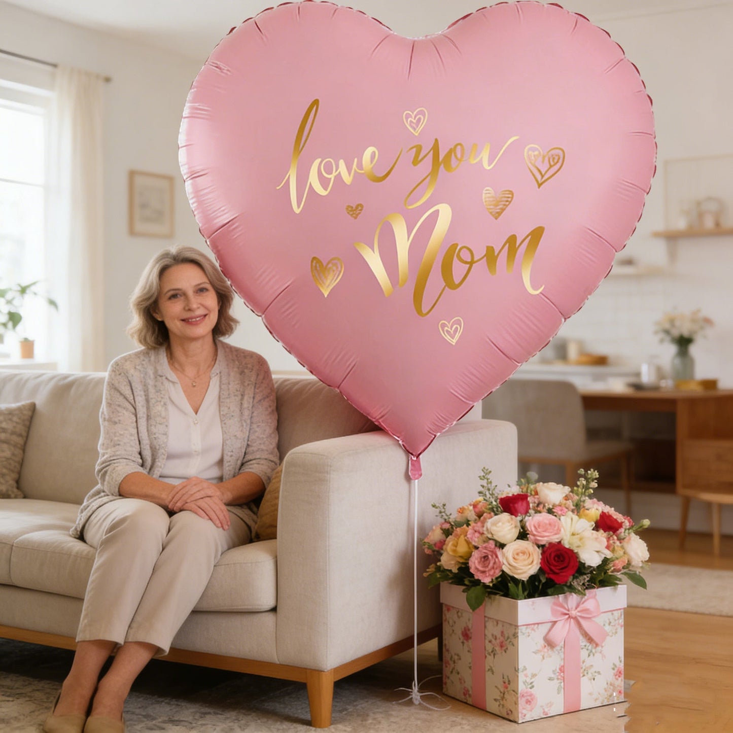 Jättehjärtformad ballong med text 'Love You Mom' – Perfekt present till mamma och festdekoration