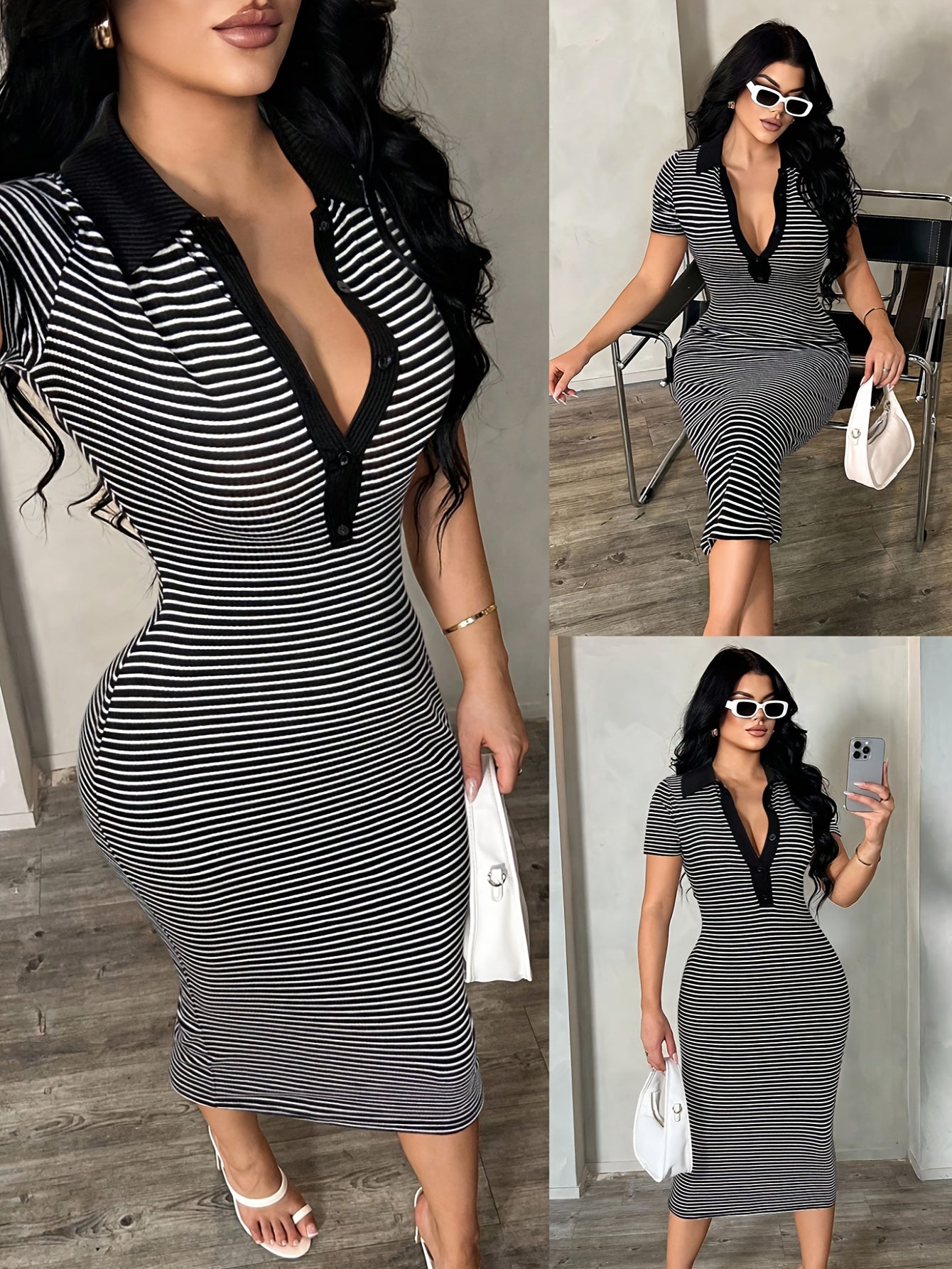 Damklänning – Polo Bodycon Randig Midiklänning för Elegant och Modern Look
