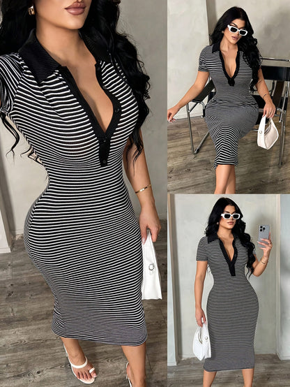 Damklänning – Polo Bodycon Randig Midiklänning för Elegant och Modern Look