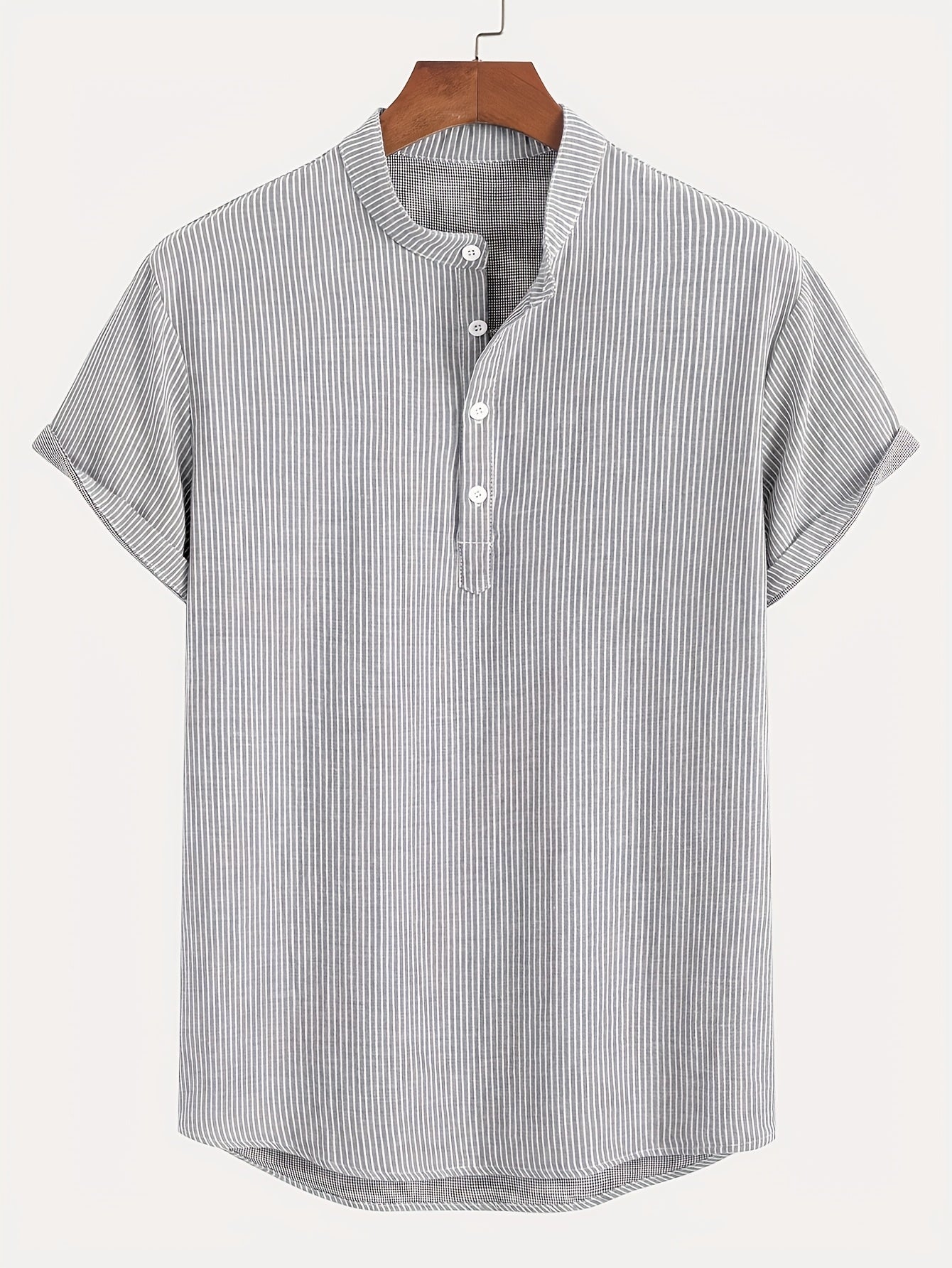 Herr Kortärmad Randig Henley Skjorta med Mandarin Krage – Modern Avslappnad Stil