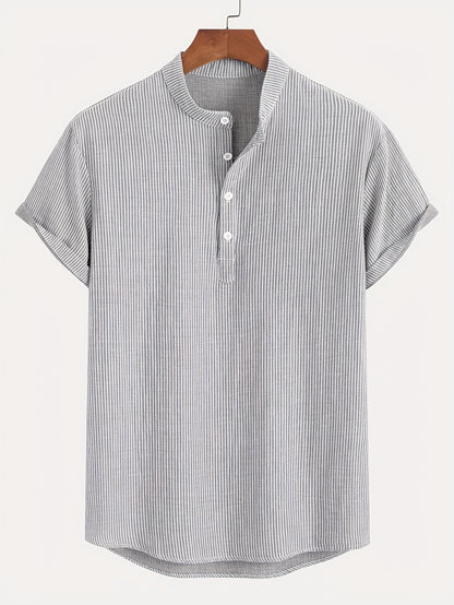 Herr Kortärmad Randig Henley Skjorta med Mandarin Krage – Modern Avslappnad Stil