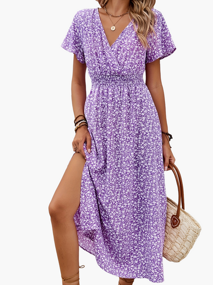 Damklänning Elegant V-ringad Blommig Sommarklänning med Kort Ärm och Slits