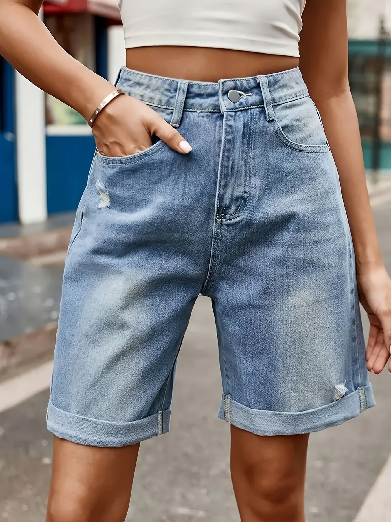 Damers avslappnade cykelshorts i denim med hög midja – sommarstil för vardagsbruk