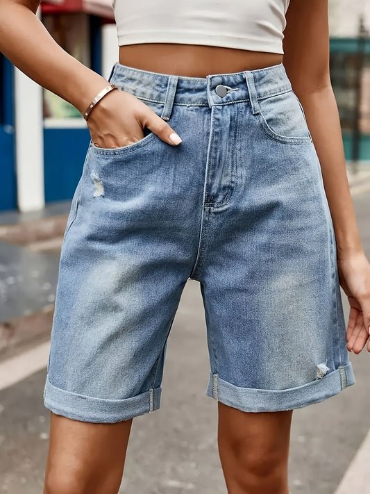 Damers avslappnade cykelshorts i denim med hög midja – sommarstil för vardagsbruk