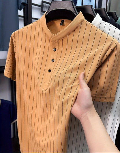 Herrskjorta med kort ärm och ståkrage – Stilren randig design för smart-casual och vardagsbruk