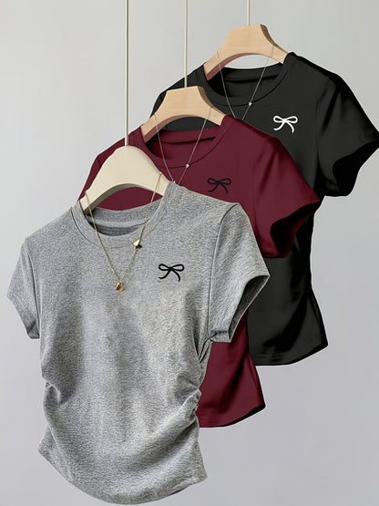 Dam T-shirt med rosettbroderi, vardagsstil, smickrande passform