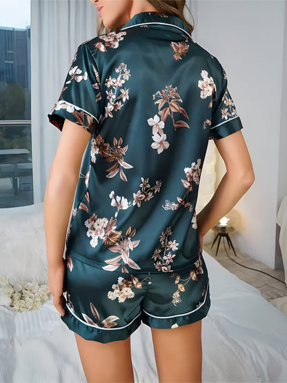 Dam Pyjamaset med Kortärmad Skjorta och Shorts, Blommig, Elegant Lounge- och Sovplagg