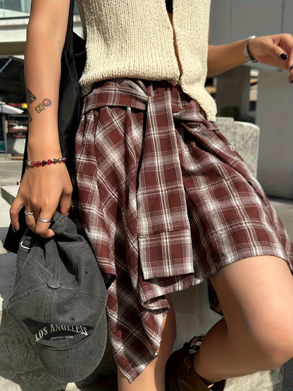 Dam Kjol Asymmetrisk Skjortstil Rutig Streetwear Urban Stil
