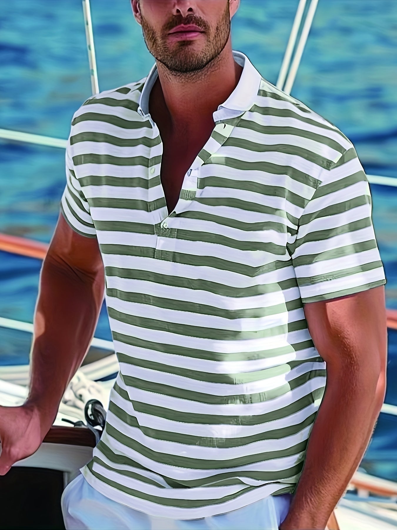 Herr Pikétröja med Maritim Randig Design – Perfekt för Sommar och Avslappnade Tillfällen