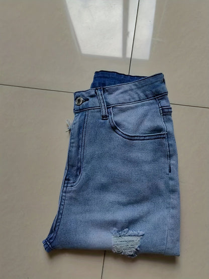 Dam Bermuda Shorts med Ripped Detaljer och Fransad Kant – Trendiga Jeansshorts för Sommar och Vardag