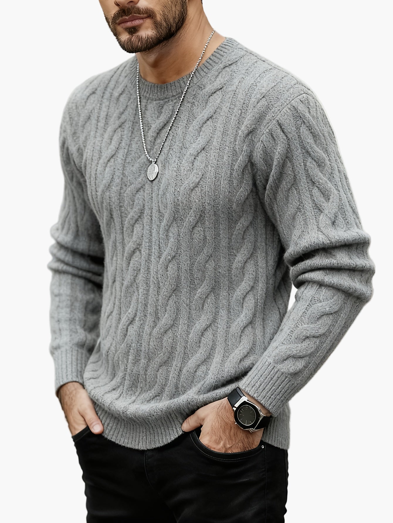 Herr Stickad Kabelmönstrad Tröja – Modern och Varm för Höst och Vinter, Casual Stil