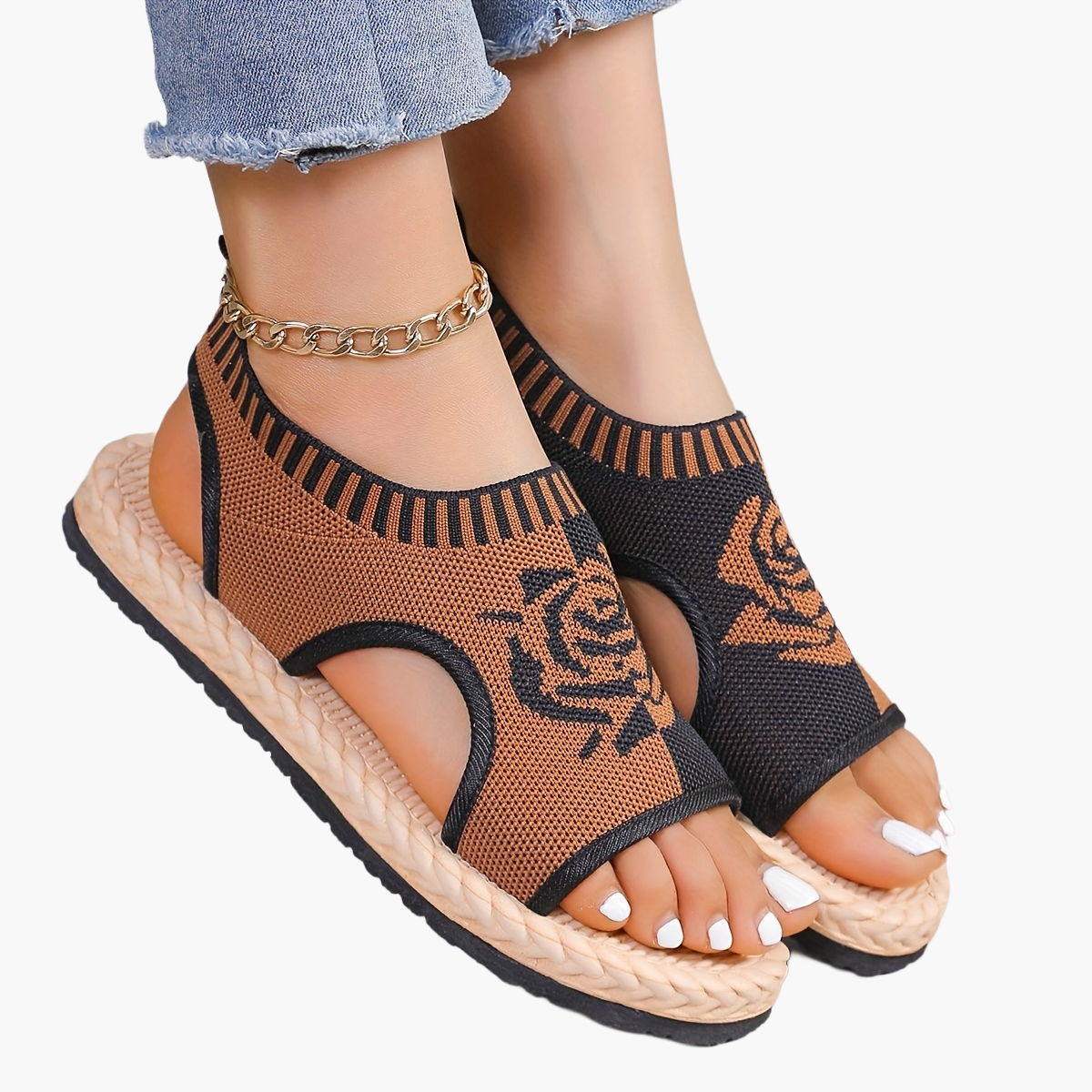 Dam Sandaler med Rosmotiv – Casual Sommarskor med Öppen Tå och Platåsula