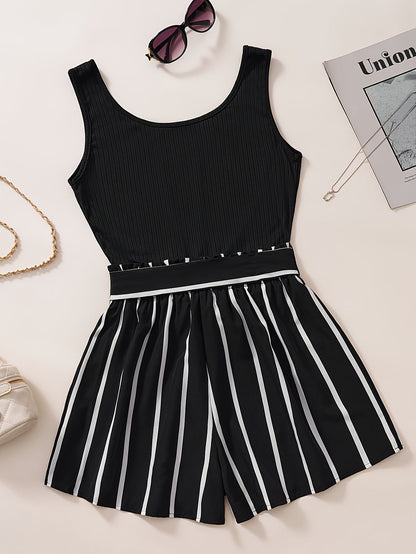 Dam Playsuit Elegant Randig Sommar Kortärmad med Midjeband