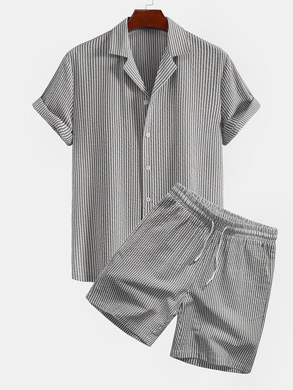 Herr Set med Kortärmad Skjorta och Shorts – Randigt, Avslappnat Sommarset för Strand och Semester