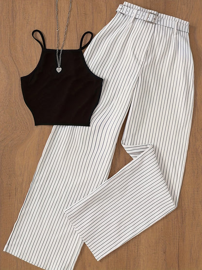 Dam Set: Elegant Randigt Byxor och Crop Top för Vår/Sommar – Perfekt för Kontor och Fest